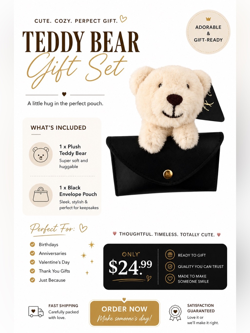 NWT Teddy Gift Set, holds gift card or cash - Black